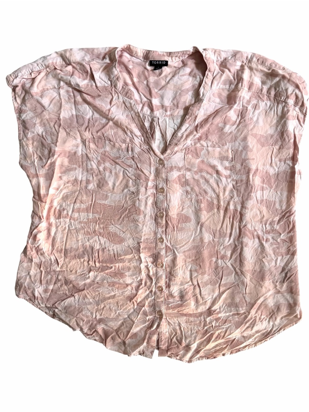 Torrid Camouflage Challis Button-Up Blouse Women’s 1X Pink Dolman Short Sleeves